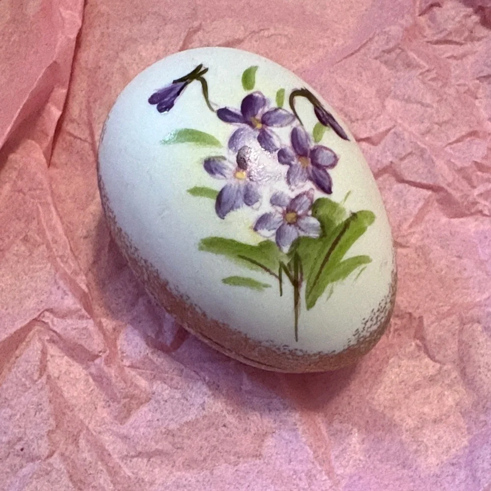 Hand-Painted Floral Egg Trinket Box in White and Purple